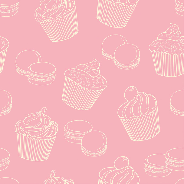 マカロン ピンクの背景、シームレスな p でおいしいカップケーキ - ベクター画像