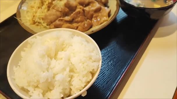 Conjunto de cerdo y ajo de arroz frito con sopa, estilo japonés - Metraje, vídeo