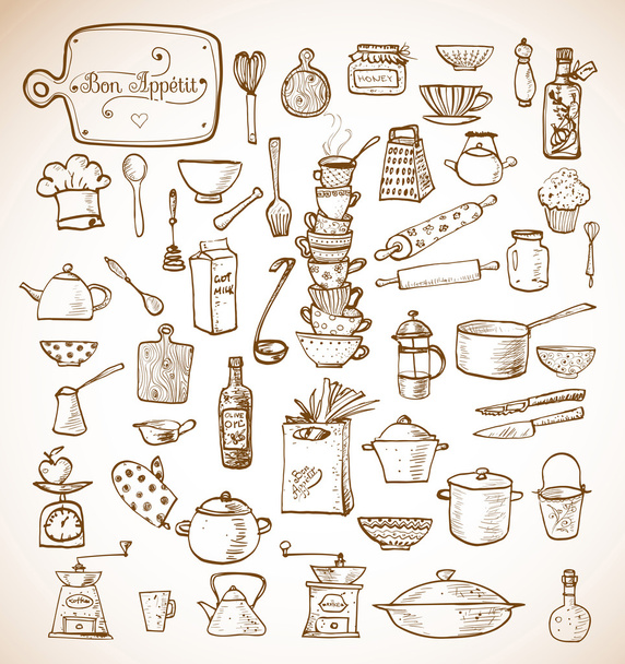 Kitchen sketch utensils - Vektor, kép