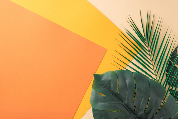 夏とデザインのコンセプトに最適なオレンジと黄色の色合いの幾何学的なパターンに配置されたトロピカルパームの葉を特徴とする創造的でカラフルな背景 - 写真・画像