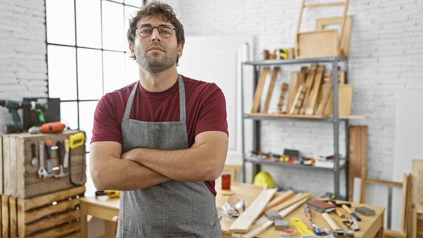 Sakallı, kendine güvenen bir İspanyol iyi donanımlı bir marangoz atölyesinde kollarını kavuşturuyor. - Fotoğraf, Görsel