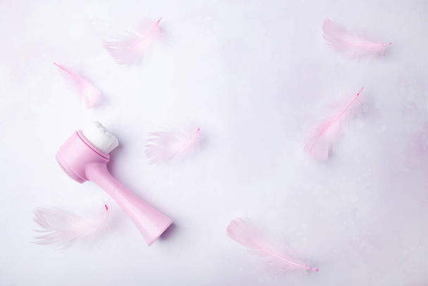 Morbido strumento spazzola viso rosa tra le piume. Beauty blog e recensioni concetto. - Foto, immagini
