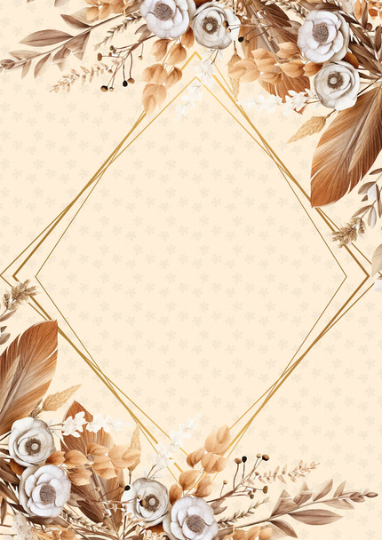 Marco de invitación de fondo de corona moderna marrón blanco y beige con flora y flor - Vector, imagen