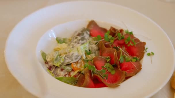 Яскравий салат, приготований зі здоровими інгредієнтами, такими як буряк, мікрогрін та вершкова заправка, подається в білій мисці - Кадри, відео