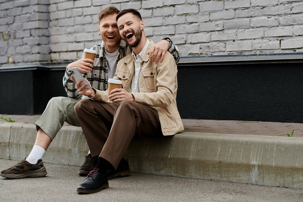 Deux hommes en tenue décontractée assis sur les marches, l'un tenant une bière. - Photo, image