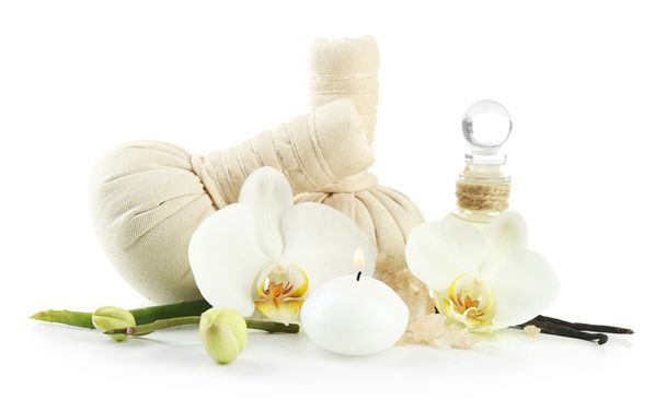 Massage bags, sea salt and orchid flower - 写真・画像