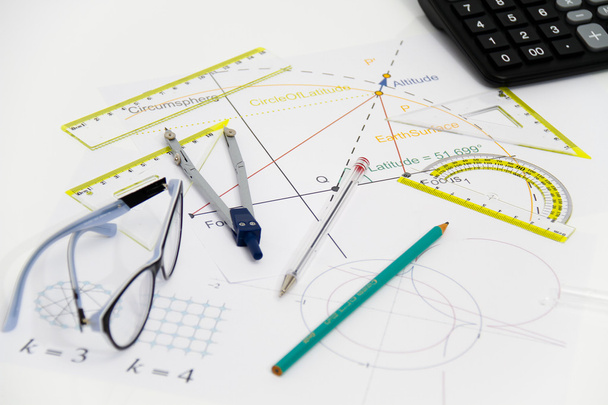 Business Architectural project, pair of compasses, glasses, rule - Photo, Image