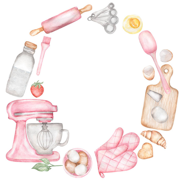 Akwarela ręcznie rysowane wieniec z narzędzi do pieczenia i składników w kolorze różowym. Gotowanie ramki szablonów kart i logo z naczynia kuchenne, ciasto, trzepaczka, szpachelka, wałek, łyżki, mąka, pieczywo - Zdjęcie, obraz