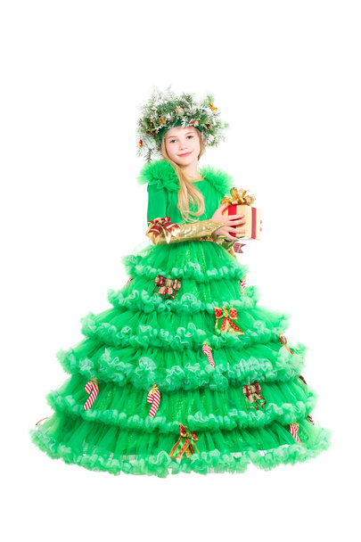 Bambina in costume albero di Natale
 - Foto, immagini