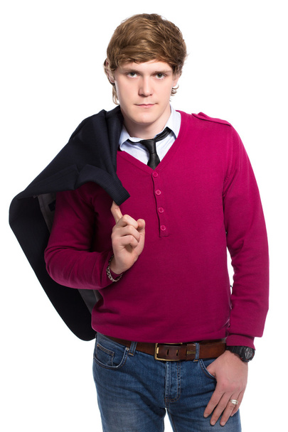 Man wearing jeans and crimson jumper - Photo, Image