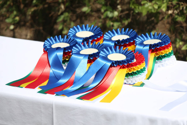 Meravigliosi premi equestri e premi per i partecipanti ad un evento equestre all'aperto estivo all'aperto - Foto, immagini