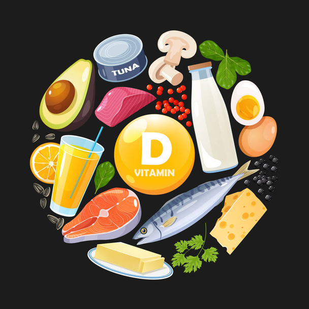 Vektorová ilustrace vitamin D-obohacených produktů pro zdravý životní styl. - Vektor, obrázek