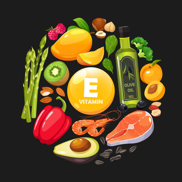Vector illustration of vitamin E-enriched products for healthy lifestyle. - Vector, Image
