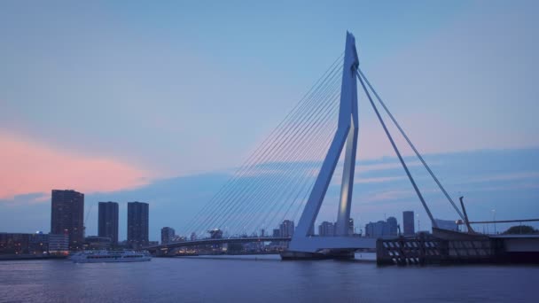 Roterdão, Países Baixos - 24 de maio de 2018: Barco de passageiros que passa sob a Ponte Erasmus (Erasmusbrug) e o horizonte de Roterdão iluminado ao entardecer. Roterdão, Países Baixos - Filmagem, Vídeo