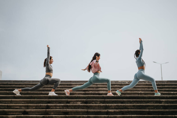 Sesión de fitness al aire libre que captura a tres mujeres atléticas haciendo embestidas en las escaleras, destacando la salud y el trabajo en equipo. - Foto, Imagen