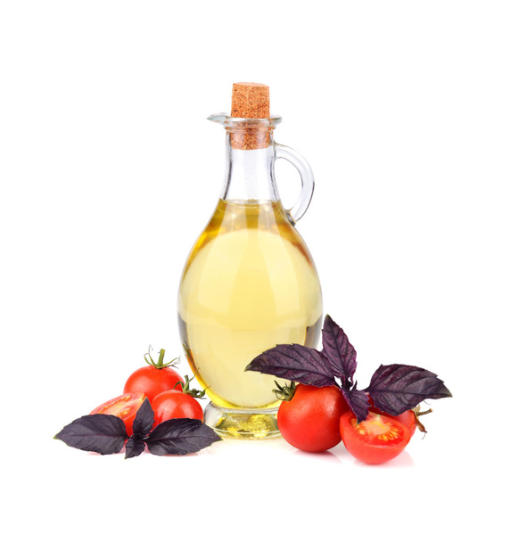 Olive oil with red basil and cherry tomatoes - Valokuva, kuva