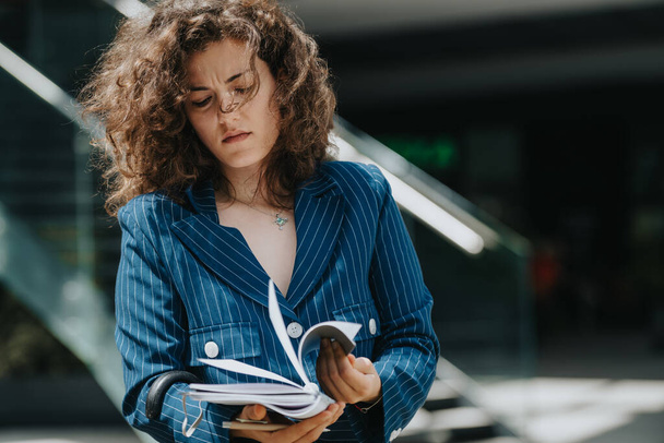Giovane donna in abito a righe blu che legge un documento all'aperto in una giornata di sole, guardando concentrata e seria. - Foto, immagini
