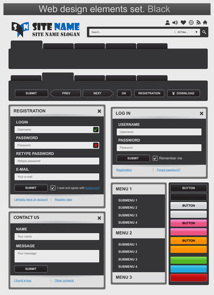 Web design elements set black - Vetor, Imagem