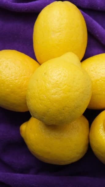 Beaucoup de citrons entiers frais sur fond de vioette close-up. - Séquence, vidéo