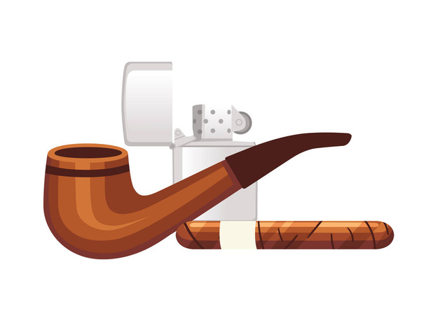 Tubo de humo clásico de madera con ilustración de cigarros y vectores más ligeros aislados sobre fondo blanco. - Vector, imagen