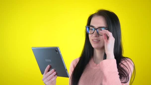 woman, business, laptop, computer, glasses, businesswoman, student, people, person, beauty, book, education, notebook, working, office, secretary, internet, technology, work, smile, reading, one, face, manager, hand - Footage, Video