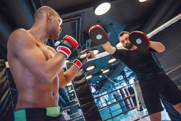 Schöner junger Boxer in Handschuhen trainiert mit einem Trainer im Boxring - Foto, Bild