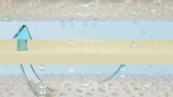 Matratze aus geschichtetem Blech mit Belüftung zeigt Blasen, Pfeile isoliert auf blauem Hintergrund. Textilfaser, Naturlatex, weiches, atmungsaktives Materialkonzept. 3D-Darstellung, Alphakanal - Filmmaterial, Video