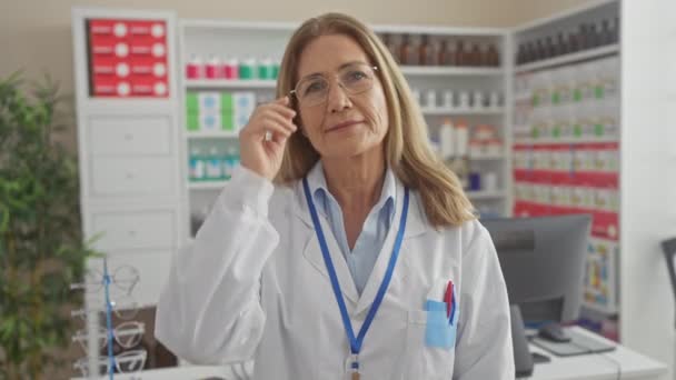 Una farmacéutica sonriente y madura en gafas se encuentra en una farmacia bien organizada con estantes de medicamentos. - Imágenes, Vídeo