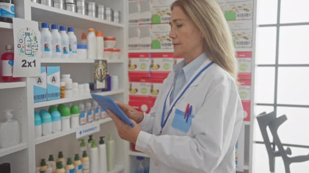 Mature female pharmacist using a tablet inside a well-stocked drugstore, implying professionalism and expertise. - Footage, Video