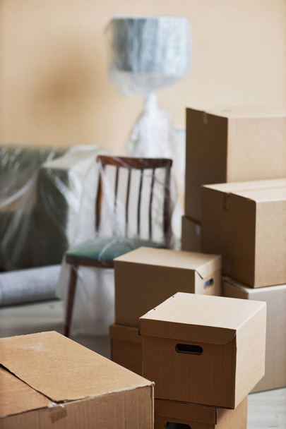 Group of packed cardboard boxes standing on the floor in front of new furniture covered with cellophane in living room of spacious apartment - Foto, Bild