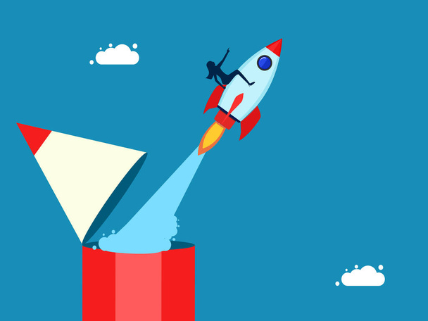 Imagination for self development. Businesswoman flying with rocket soaring from pencil vector - Вектор,изображение