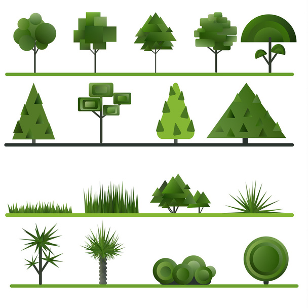 Conjunto de árboles abstractos, arbustos, hierba sobre un fondo blanco
. - Vector, Imagen