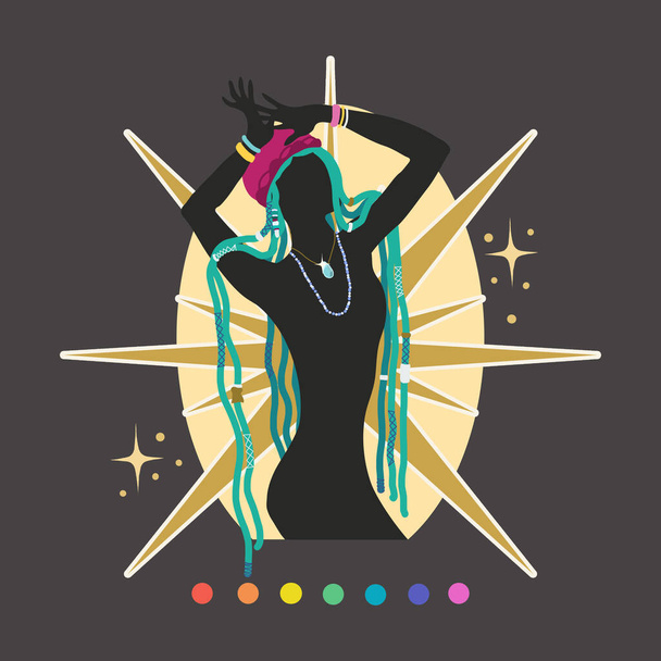 Esoteric Sacred Woman with Chakras, Boho Astrology Goddess Silhouette, Vibrant and Colorful Stars Cosmos Universe Female Power, Reiki Healing Celestial Illustration - Valokuva, kuva