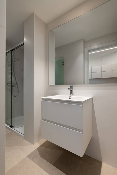 Design de banheiro minimalista moderno mostrando uma pia branca, um espelho grande e um chuveiro de vidro, enfatizando linhas limpas e funcionalidade. - Foto, Imagem