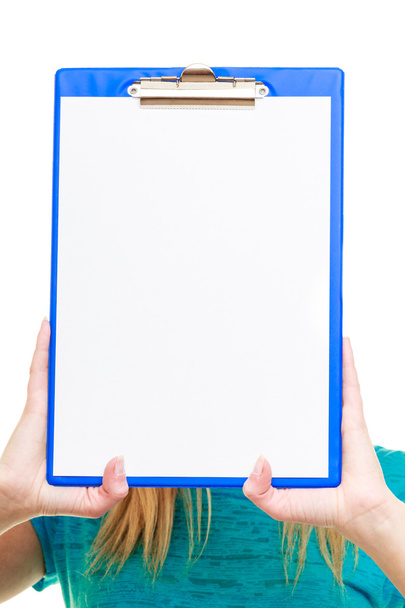 girl college student holds clipboard with empty blank - Foto, imagen