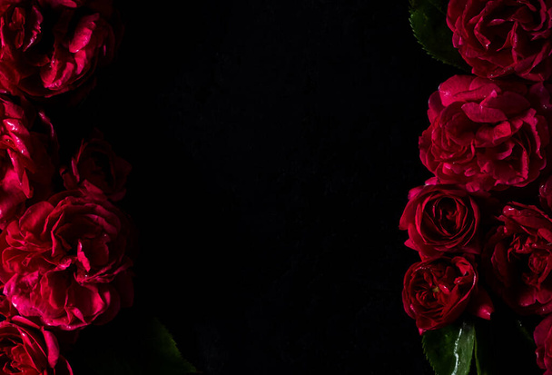Μούντι λουλούδια. Τρία κόκκινα τριαντάφυλλα σε μαύρο φόντο. Θολή και επιλεκτική εστίαση. Χαμηλή φωτογραφία κλειδιού - Φωτογραφία, εικόνα