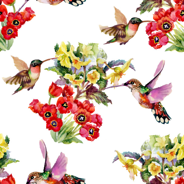 Birds with garden flowers - Zdjęcie, obraz