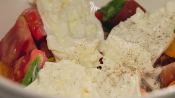 In vier Stücke schneiden Burrata Käse auf dem Bett liegend aus gehackten Tomaten und gewürzt mit gemahlenem schwarzen Pfeffer. Traditioneller italienischer Salat mit Milchprodukten, Gemüse und Basilikumblättern. - Filmmaterial, Video