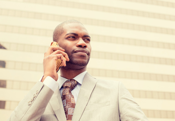 handsome happy young businessman talking on mobile phone  - 写真・画像