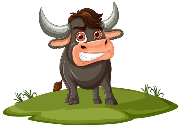 Szczęśliwy byk stojący na zielonej trawie - Wektor, obraz