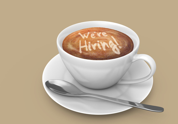 Latte art wiadomość w filiżance kawy, która mówi, że jesteśmy zatrudniania - Zdjęcie, obraz