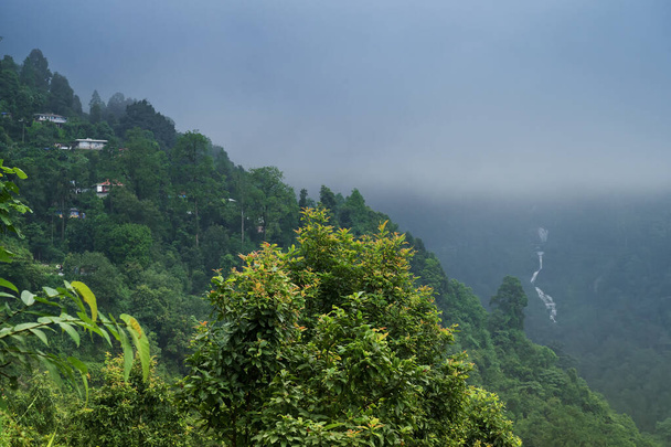 Βουνά Ιμαλαΐων και καταπράσινο δάσος. Γραφική φυσική ομορφιά των μουσώνων στο Darjeeling, Δυτική Βεγγάλη, Ινδία. Καταρράκτης στο βάθος πλαγιά του βουνού. - Φωτογραφία, εικόνα