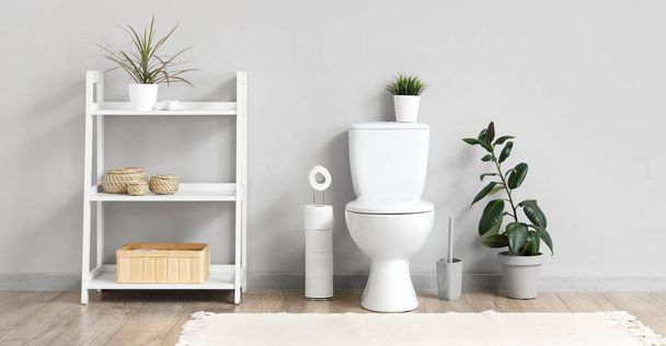 Intérieur des toilettes avec cuvette de toilette, étagère et plante d'intérieur près du mur gris - Photo, image
