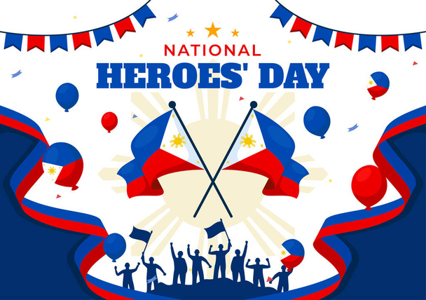 Filipinas Heroes Day Vector Illustration on August 29 with Waving Flag and Ribbon in a National Holiday Celebration, Flat Cartoon Style Background - Vector, imagen