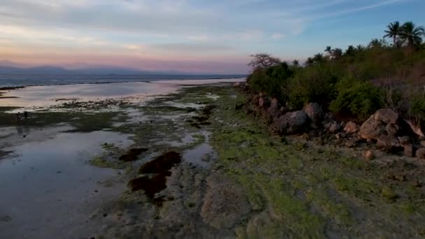 4Kエアリアルドローンビデオターコイズウォーターと背中の山と晴れた日に活気のあるサンゴ礁. バディランビーチ, フィリピン - 映像、動画