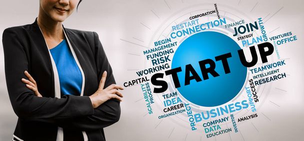 Start up Business of Creative People Concept - Moderní grafické rozhraní zobrazující symbol podnikání, fondu a projektového plánu založit nový malý podnik od inteligentní skupiny podnikatelů. uds - Fotografie, Obrázek