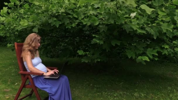 Беременная девушка работает с ноутбуком сидеть в кресле возле тюльпанового дерева
. - Кадры, видео
