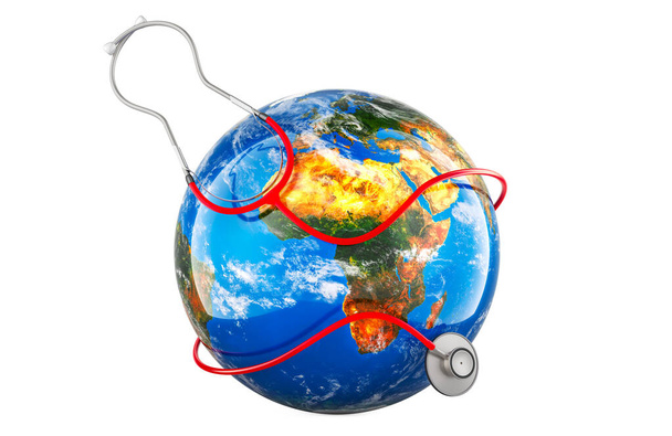 Stetoscopio intorno al globo terrestre. Sanità globale, concetto. rendering 3D isolato su sfondo bianco - Foto, immagini
