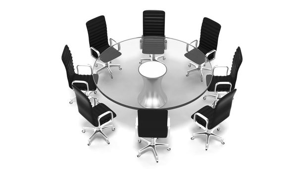 Table ronde de salle de réunion en verre avec chaises en cuir isolées sur blanc
  - Photo, image