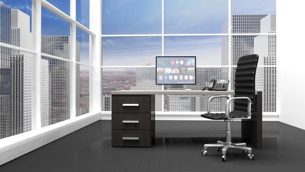 Интерьер современного офиса с окном и видом на город
 - Фото, изображение